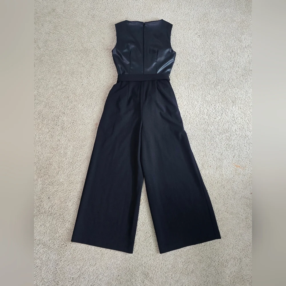 Calvin Klein Belted Jumpsuit Black Dressy Event Career Wear Size 6 Faux Leather - Picture 6 of 6